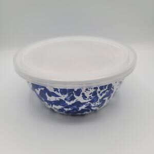 2 Golden Rabbit Blue Marble Enamelware Covered Bowls with Lid - Vintage Style
